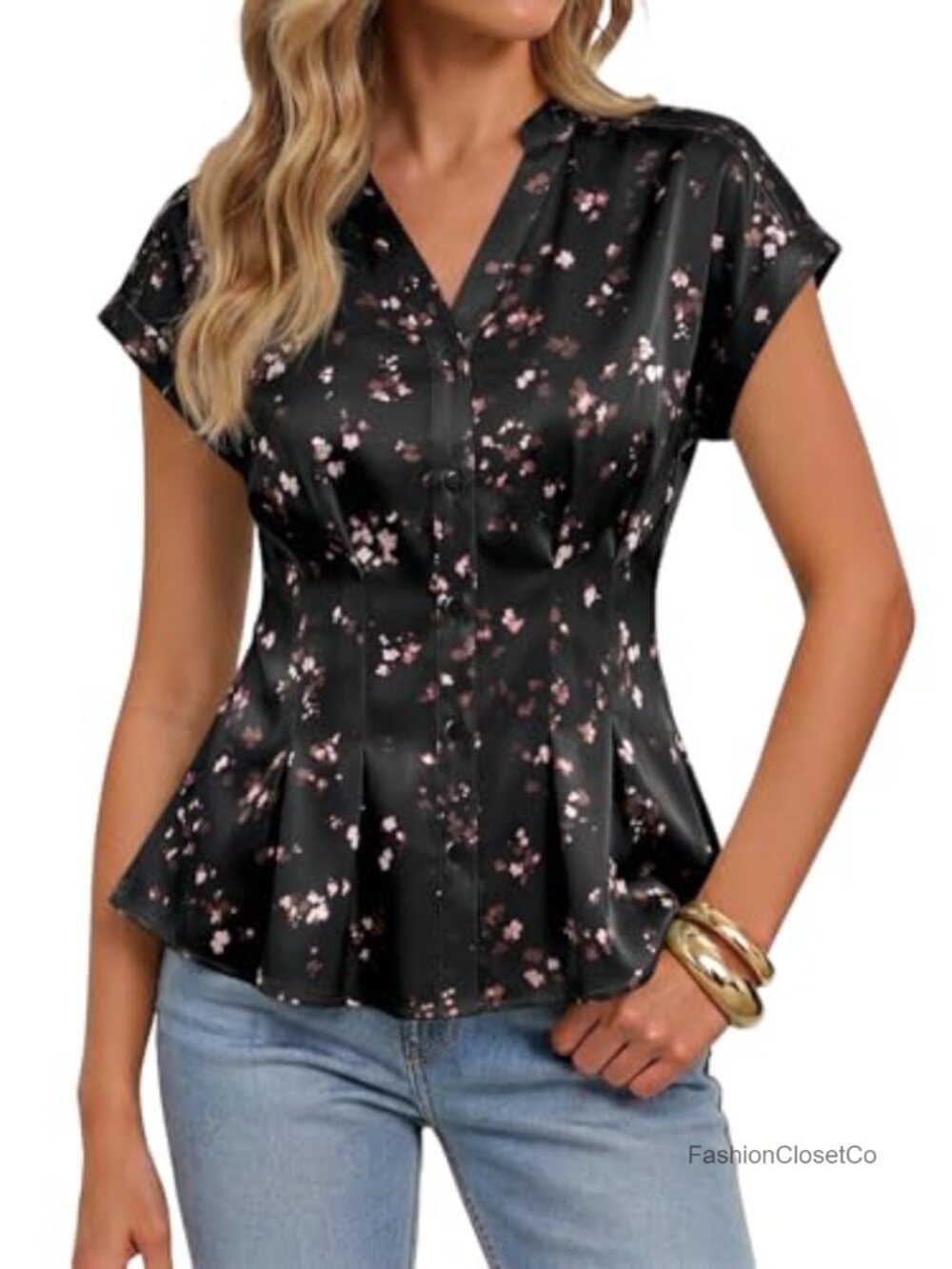 Satin Peplum Button Down Blouses V Neck Floral Tops Womens